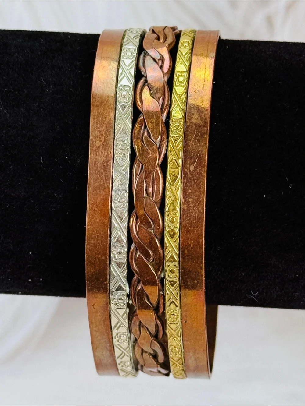 Vintage Mixed Metal Braided Copper Cuff Bracelet Boho Unisex Statement